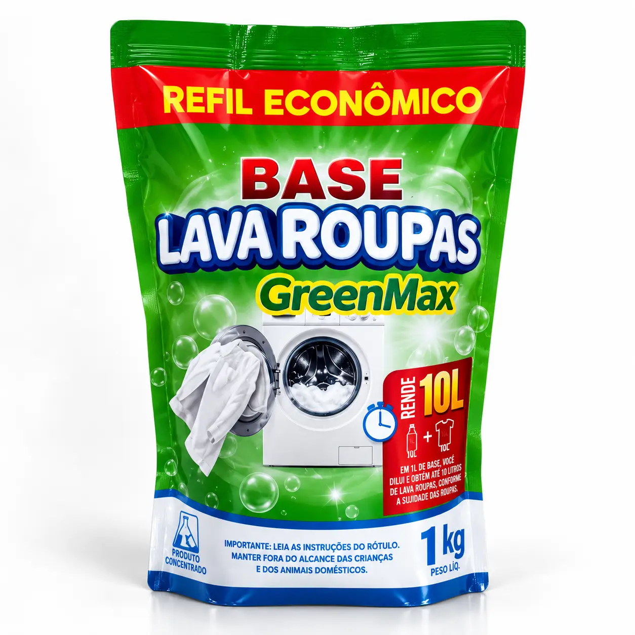Base lava-roupas GreenMax · refil econômico rende 10 L
